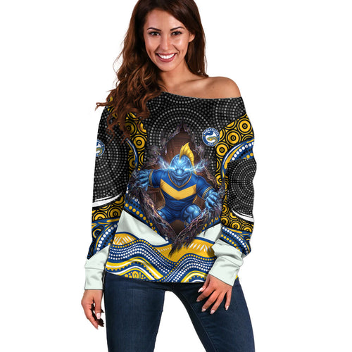 Parramatta Eels Off Shoulder Sweater The Scream of Lightning Eyes - Indigenous Dot Ripping Effect
