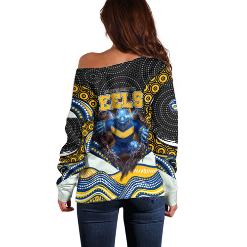 Parramatta Eels Off Shoulder Sweater The Scream of Lightning Eyes - Indigenous Dot Ripping Effect