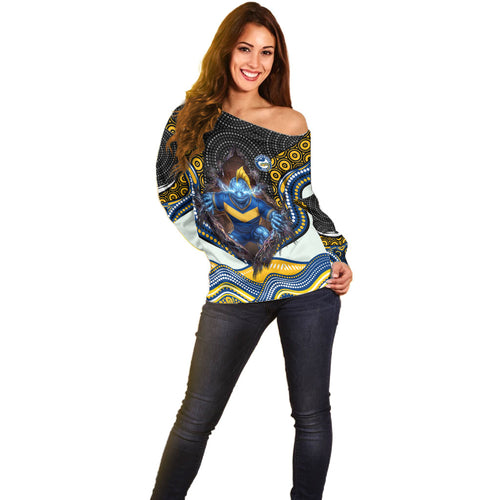 Parramatta Eels Off Shoulder Sweater The Scream of Lightning Eyes - Indigenous Dot Ripping Effect