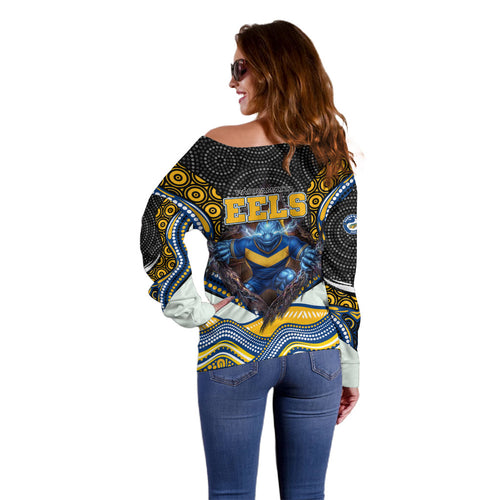 Parramatta Eels Off Shoulder Sweater The Scream of Lightning Eyes - Indigenous Dot Ripping Effect