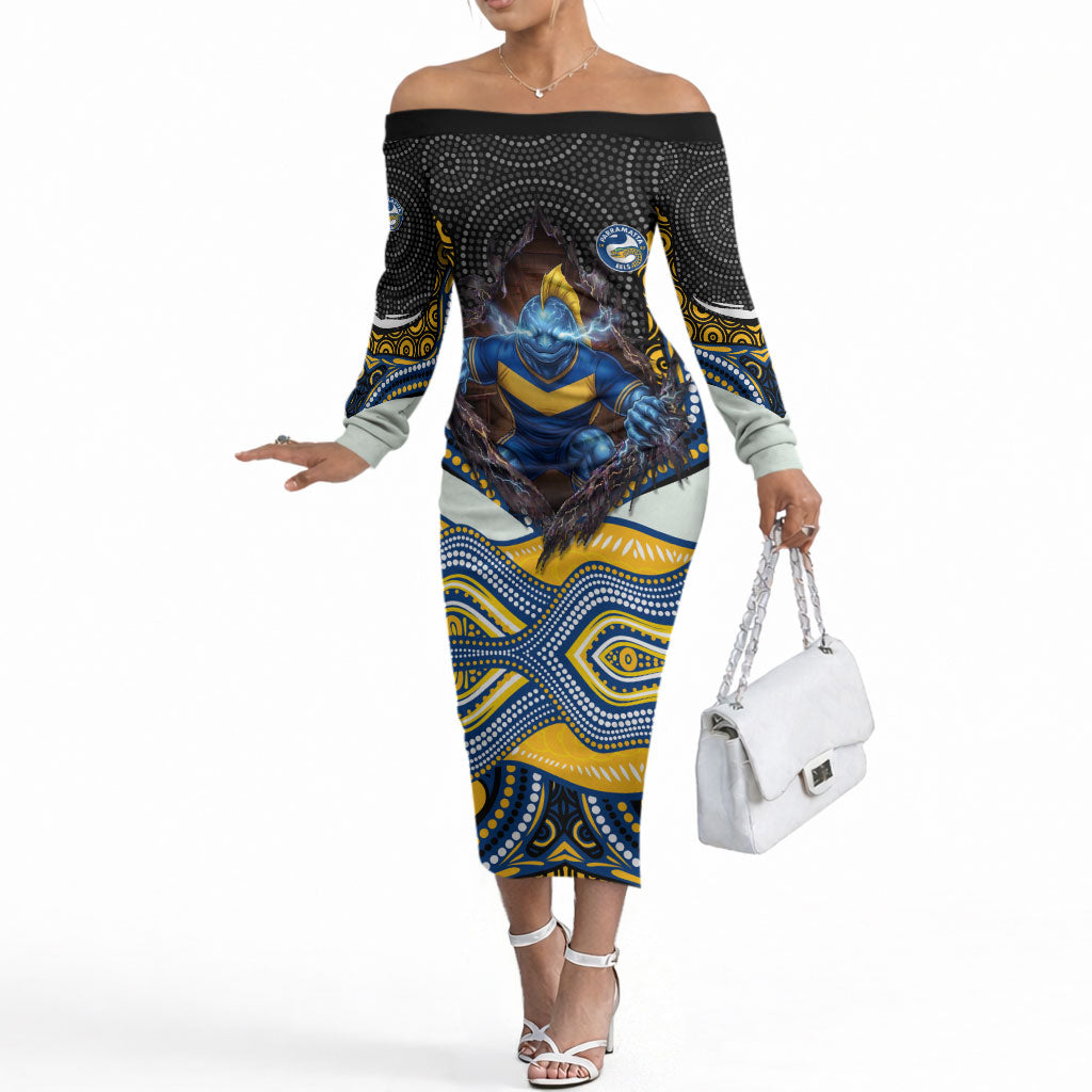Parramatta Eels Off The Shoulder Long Sleeve Dress The Scream of Lightning Eyes - Indigenous Dot Ripping Effect