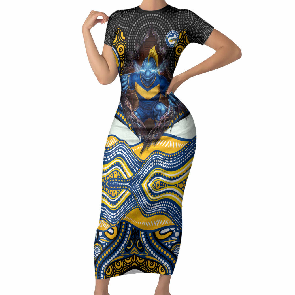 Parramatta Eels Short Sleeve Bodycon Dress The Scream of Lightning Eyes - Indigenous Dot Ripping Effect
