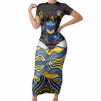 Parramatta Eels Short Sleeve Bodycon Dress The Scream of Lightning Eyes - Indigenous Dot Ripping Effect