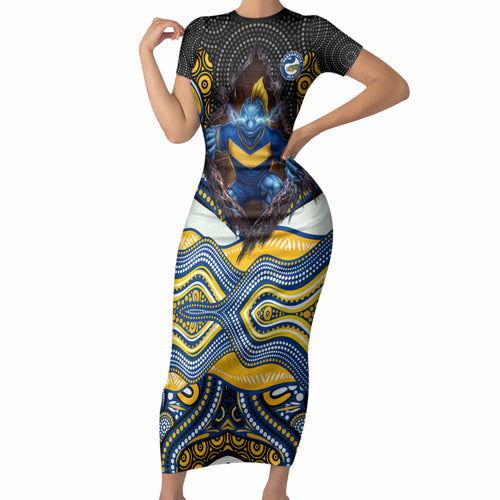 Parramatta Eels Short Sleeve Bodycon Dress The Scream of Lightning Eyes - Indigenous Dot Ripping Effect