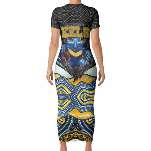 Parramatta Eels Short Sleeve Bodycon Dress The Scream of Lightning Eyes - Indigenous Dot Ripping Effect