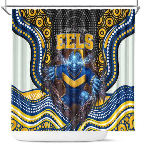 Parramatta Eels Shower Curtain The Scream of Lightning Eyes - Indigenous Dot Ripping Effect