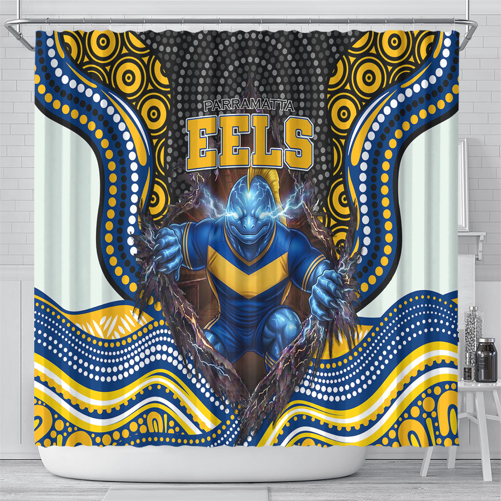 Parramatta Eels Shower Curtain The Scream of Lightning Eyes - Indigenous Dot Ripping Effect
