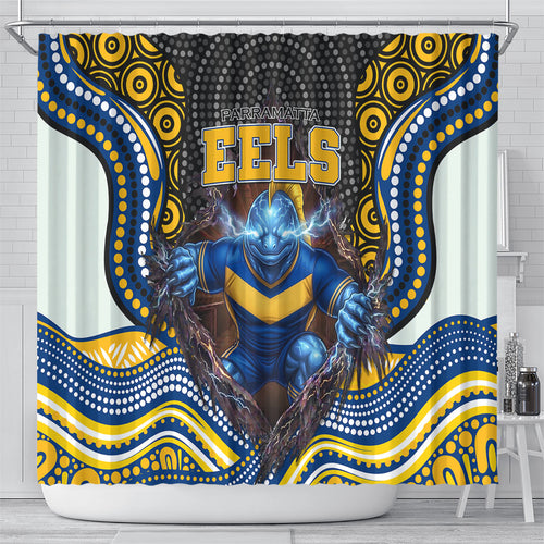 Parramatta Eels Shower Curtain The Scream of Lightning Eyes - Indigenous Dot Ripping Effect