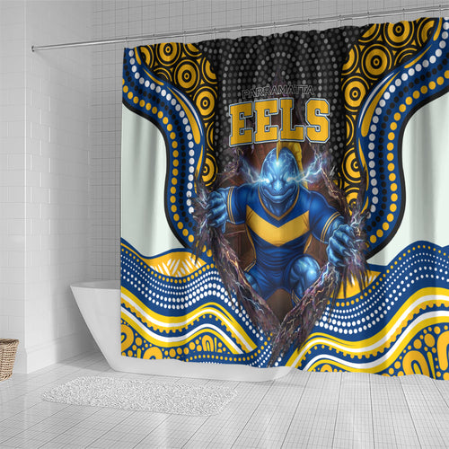 Parramatta Eels Shower Curtain The Scream of Lightning Eyes - Indigenous Dot Ripping Effect