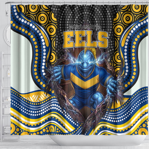 Parramatta Eels Shower Curtain The Scream of Lightning Eyes - Indigenous Dot Ripping Effect