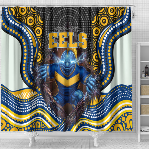 Parramatta Eels Shower Curtain The Scream of Lightning Eyes - Indigenous Dot Ripping Effect