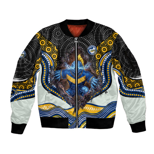 Parramatta Eels Sleeve Zip Bomber Jacket The Scream of Lightning Eyes - Indigenous Dot Ripping Effect