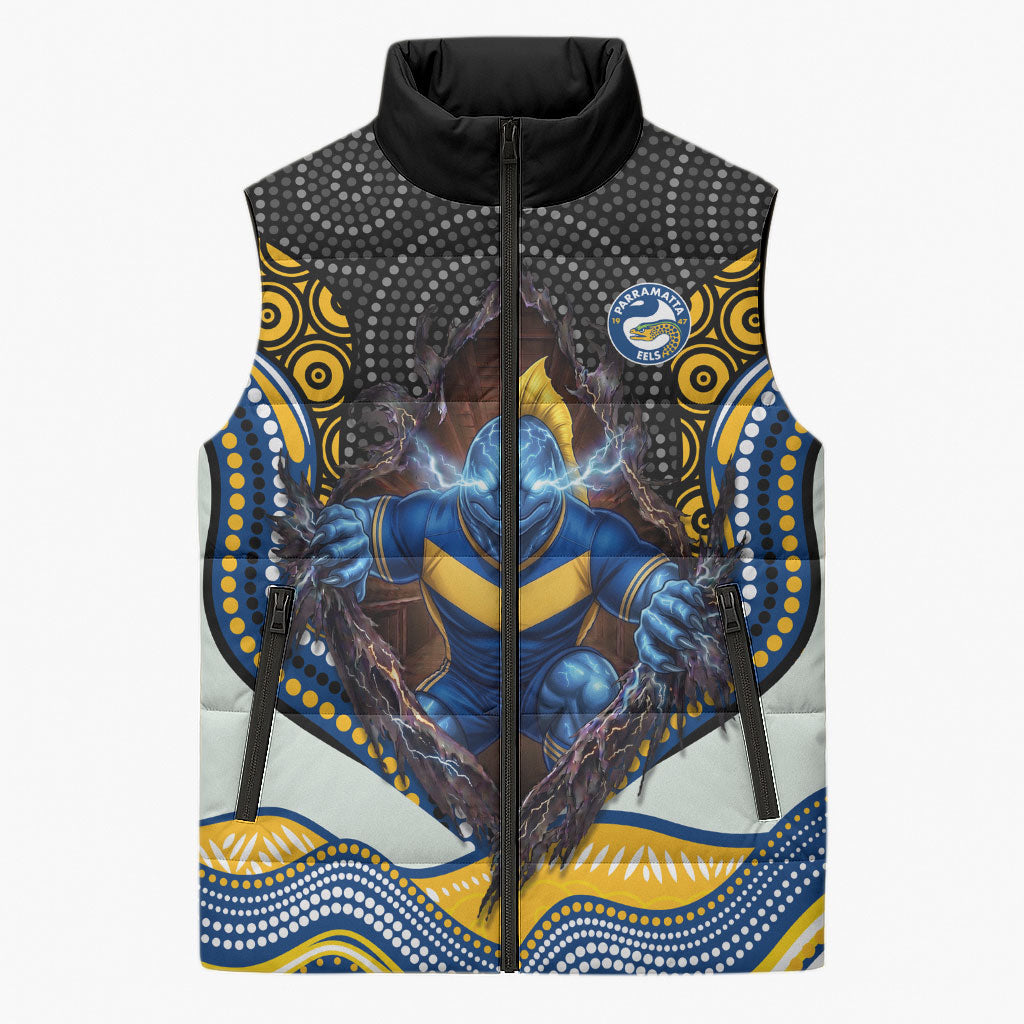 Parramatta Eels Sleeveless Puffer Jacket The Scream of Lightning Eyes - Indigenous Dot Ripping Effect