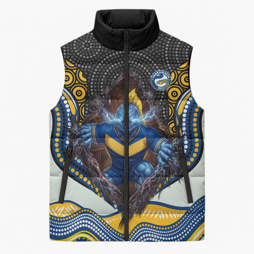 Parramatta Eels Sleeveless Puffer Jacket The Scream of Lightning Eyes - Indigenous Dot Ripping Effect
