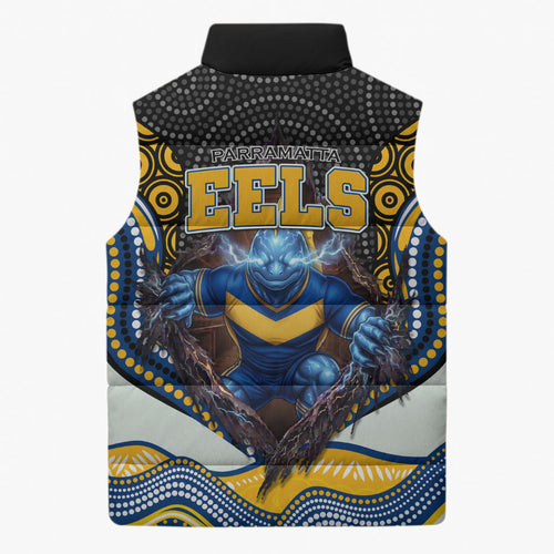 Parramatta Eels Sleeveless Puffer Jacket The Scream of Lightning Eyes - Indigenous Dot Ripping Effect