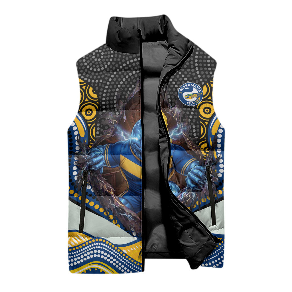 Parramatta Eels Sleeveless Puffer Jacket The Scream of Lightning Eyes - Indigenous Dot Ripping Effect