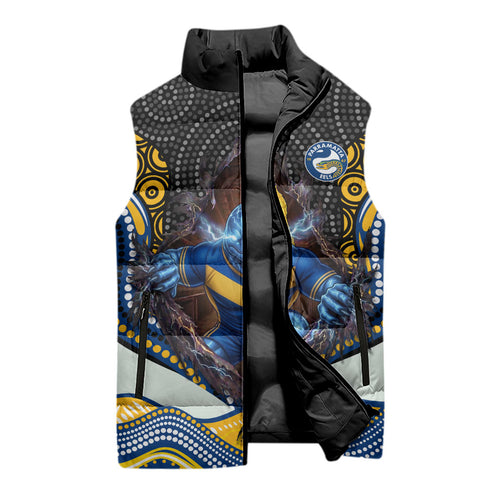 Parramatta Eels Sleeveless Puffer Jacket The Scream of Lightning Eyes - Indigenous Dot Ripping Effect