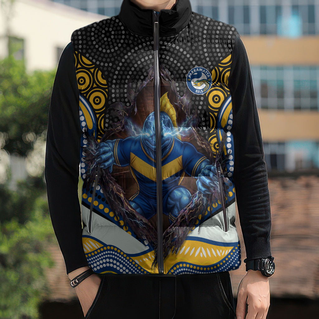 Parramatta Eels Sleeveless Puffer Jacket The Scream of Lightning Eyes - Indigenous Dot Ripping Effect