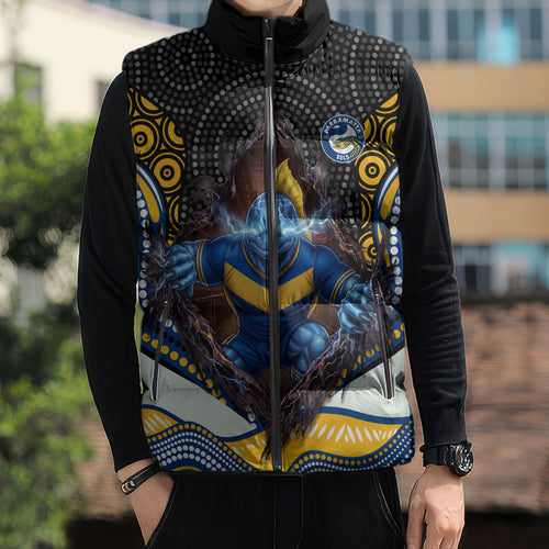 Parramatta Eels Sleeveless Puffer Jacket The Scream of Lightning Eyes - Indigenous Dot Ripping Effect