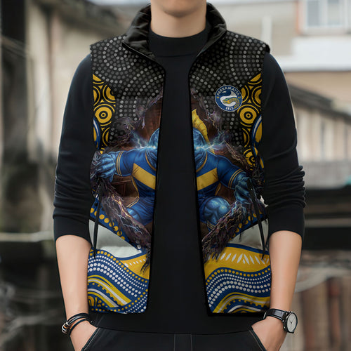 Parramatta Eels Sleeveless Puffer Jacket The Scream of Lightning Eyes - Indigenous Dot Ripping Effect