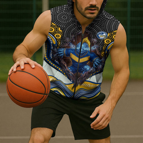 Parramatta Eels Sleeveless Zip Hoodie The Scream of Lightning Eyes - Indigenous Dot Ripping Effect