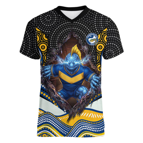 Parramatta Eels Women V-Neck T-Shirt The Scream of Lightning Eyes - Indigenous Dot Ripping Effect