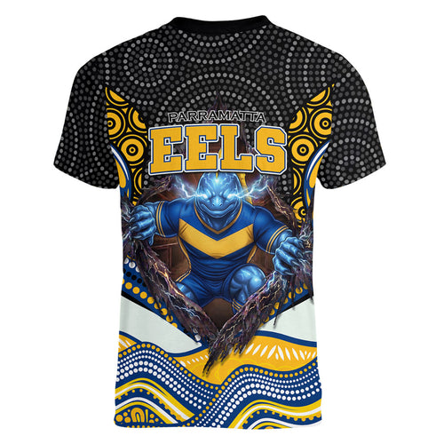 Parramatta Eels Women V-Neck T-Shirt The Scream of Lightning Eyes - Indigenous Dot Ripping Effect