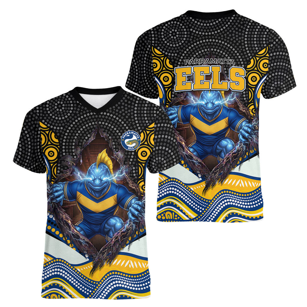 Parramatta Eels Women V-Neck T-Shirt The Scream of Lightning Eyes - Indigenous Dot Ripping Effect
