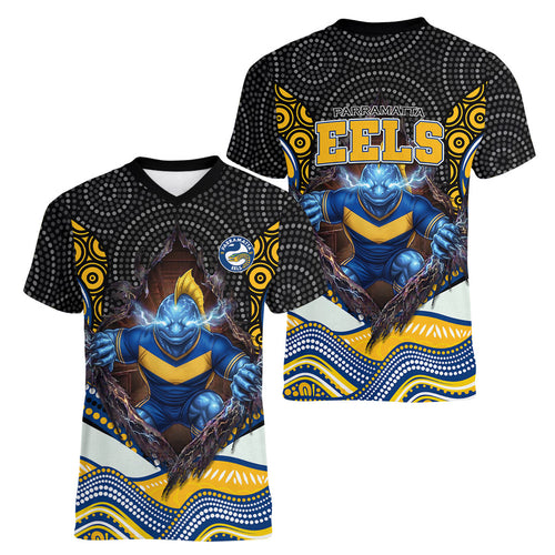 Parramatta Eels Women V-Neck T-Shirt The Scream of Lightning Eyes - Indigenous Dot Ripping Effect