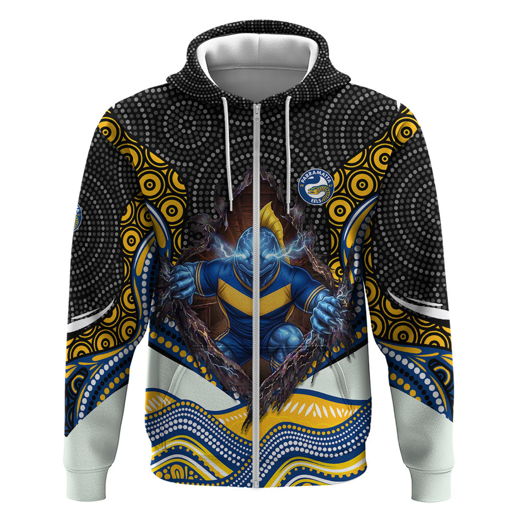Parramatta Eels Zip Hoodie The Scream of Lightning Eyes - Indigenous Dot Ripping Effect
