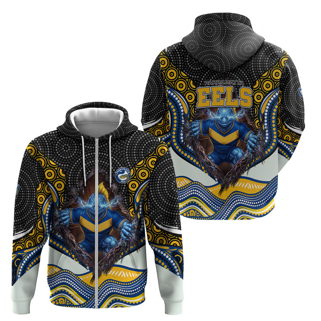 Parramatta Eels Zip Hoodie The Scream of Lightning Eyes - Indigenous Dot Ripping Effect