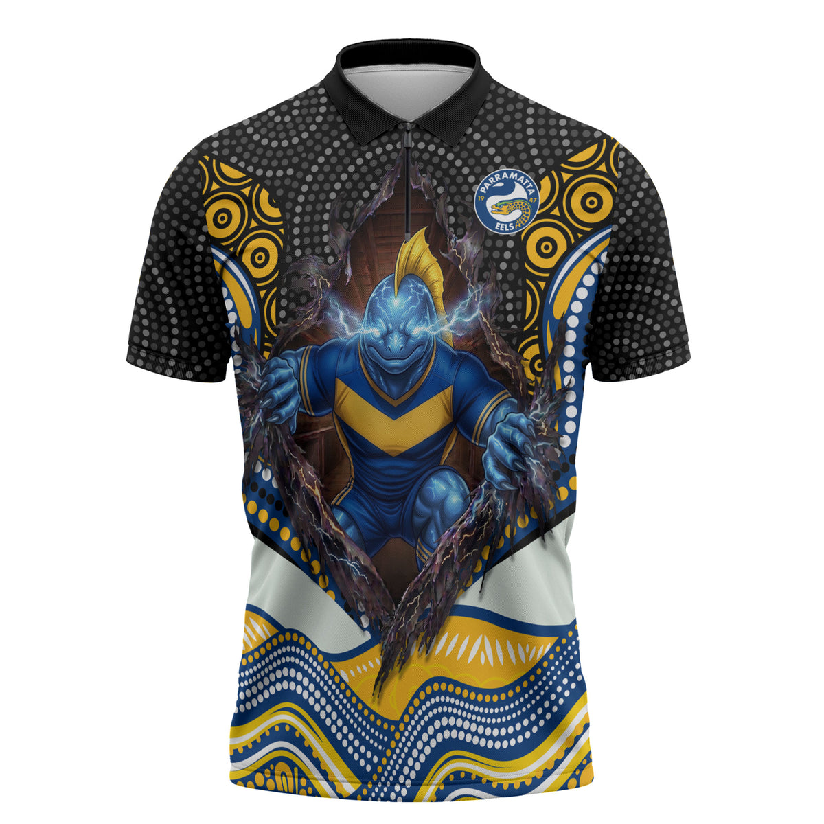Parramatta Eels Zipper Polo Shirt The Scream of Lightning Eyes - Indigenous Dot Ripping Effect