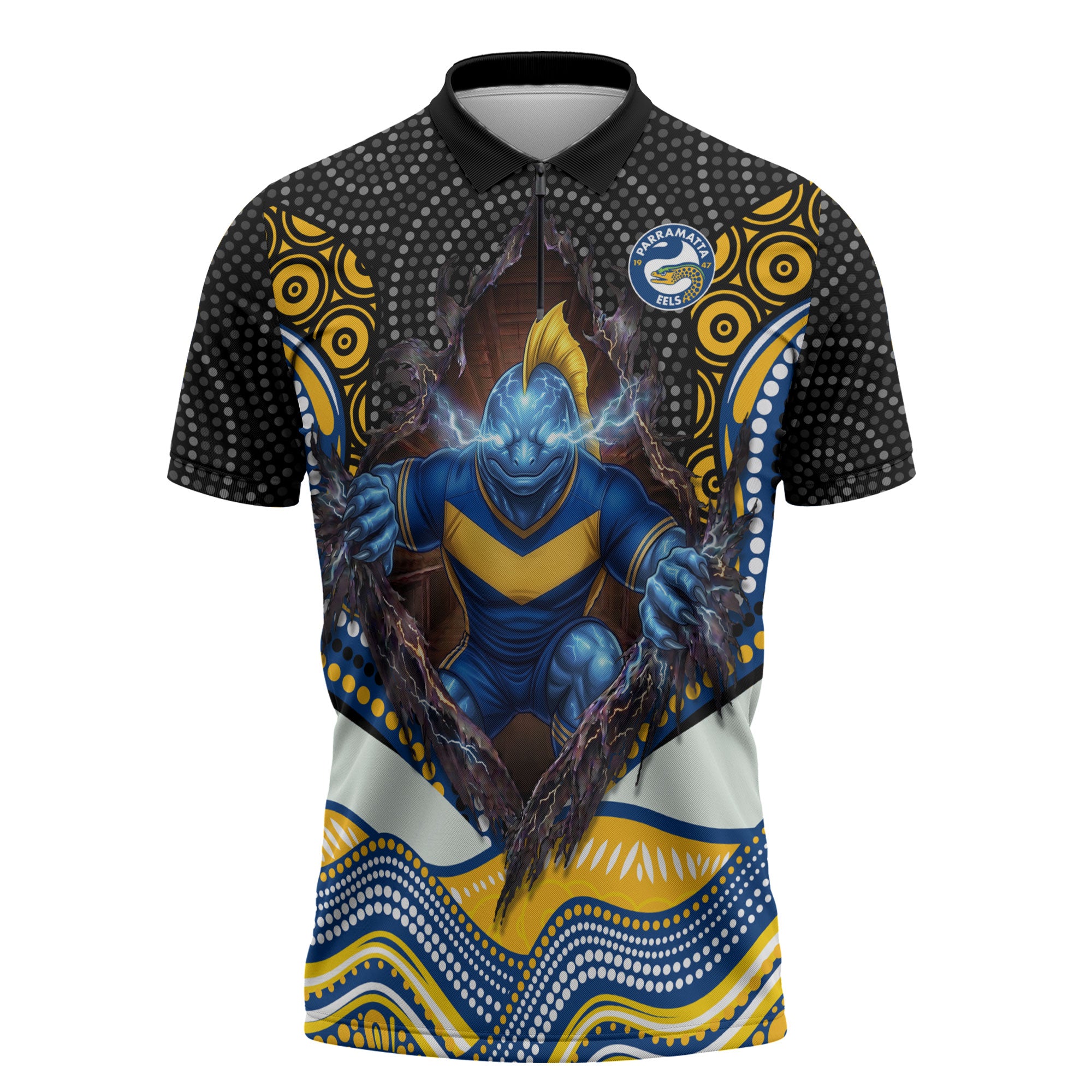 Parramatta Eels Zipper Polo Shirt The Scream of Lightning Eyes - Indigenous Dot Ripping Effect