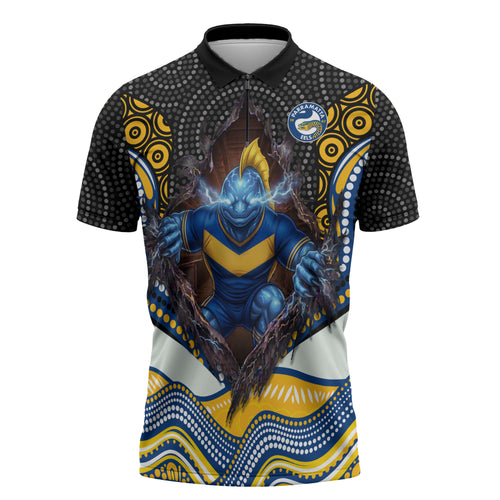Parramatta Eels Zipper Polo Shirt The Scream of Lightning Eyes - Indigenous Dot Ripping Effect