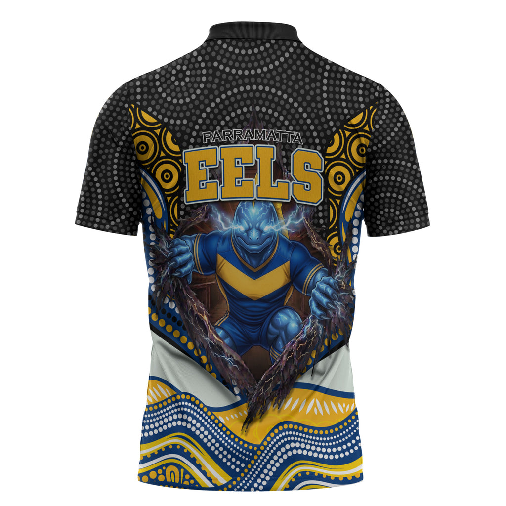 Parramatta Eels Zipper Polo Shirt The Scream of Lightning Eyes - Indigenous Dot Ripping Effect