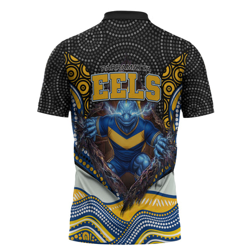 Parramatta Eels Zipper Polo Shirt The Scream of Lightning Eyes - Indigenous Dot Ripping Effect
