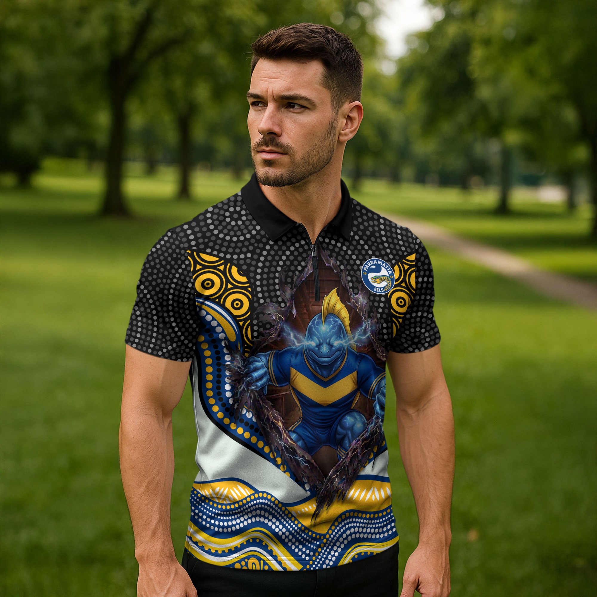 Parramatta Eels Zipper Polo Shirt The Scream of Lightning Eyes - Indigenous Dot Ripping Effect