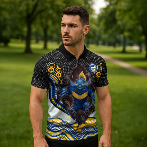 Parramatta Eels Zipper Polo Shirt The Scream of Lightning Eyes - Indigenous Dot Ripping Effect