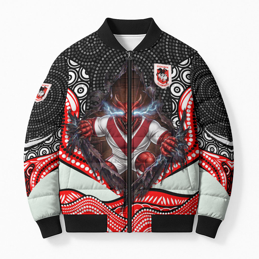 St George Illawarra Dragons Bomber Puffer Jacket The Scream of Lightning Eyes - Indigenous Dot Ripping Effect