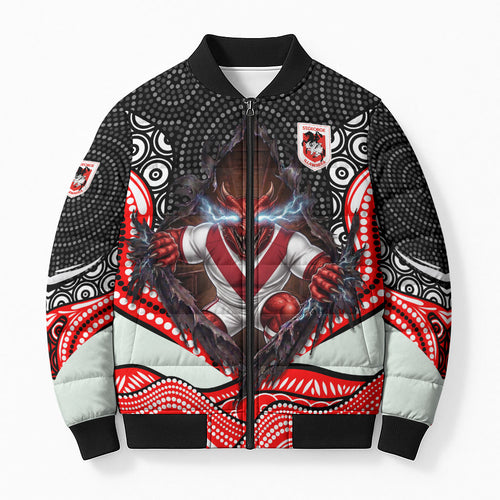 St George Illawarra Dragons Bomber Puffer Jacket The Scream of Lightning Eyes - Indigenous Dot Ripping Effect