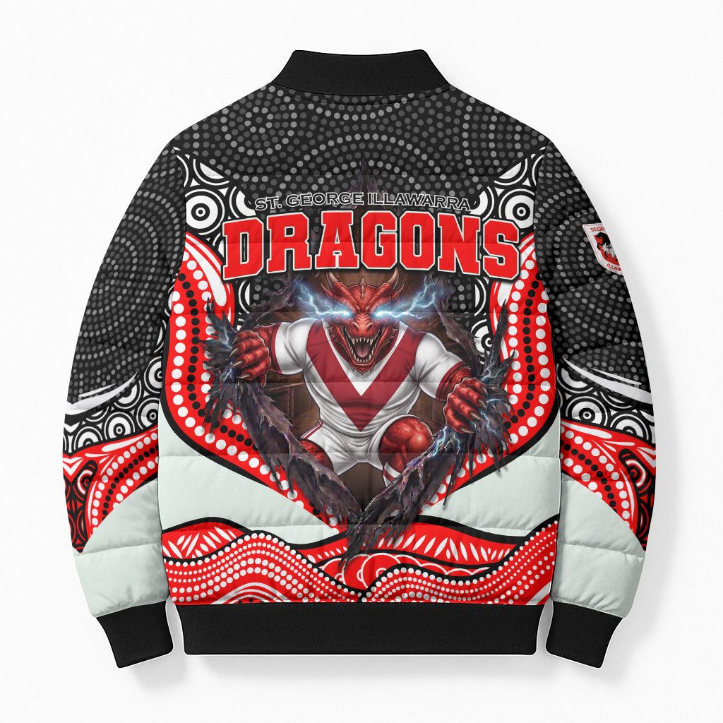 St George Illawarra Dragons Bomber Puffer Jacket The Scream of Lightning Eyes - Indigenous Dot Ripping Effect