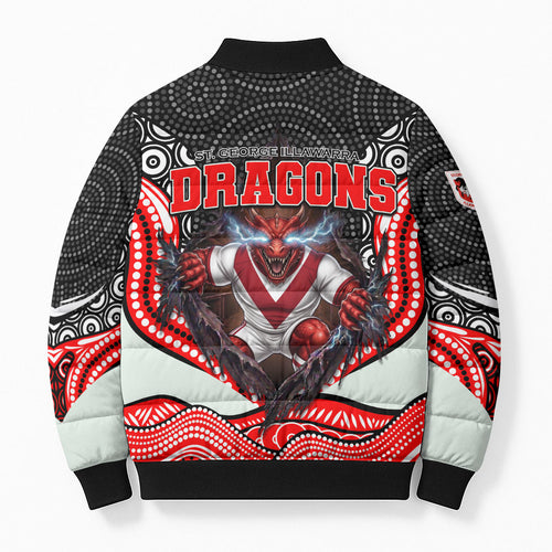 St George Illawarra Dragons Bomber Puffer Jacket The Scream of Lightning Eyes - Indigenous Dot Ripping Effect