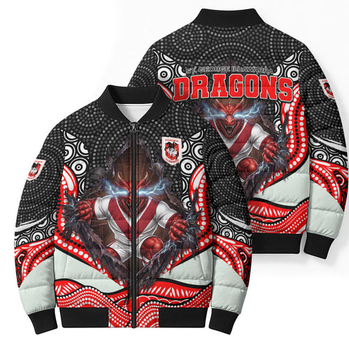 St George Illawarra Dragons Bomber Puffer Jacket The Scream of Lightning Eyes - Indigenous Dot Ripping Effect