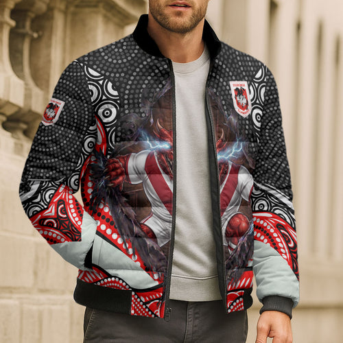 St George Illawarra Dragons Bomber Puffer Jacket The Scream of Lightning Eyes - Indigenous Dot Ripping Effect