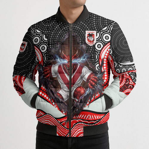 St George Illawarra Dragons Bomber Puffer Jacket The Scream of Lightning Eyes - Indigenous Dot Ripping Effect