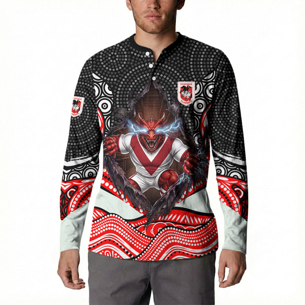St George Illawarra Dragons Button Sweatshirt The Scream of Lightning Eyes - Indigenous Dot Ripping Effect