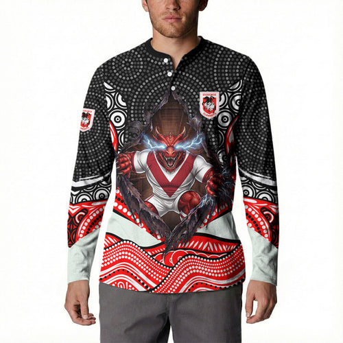St George Illawarra Dragons Button Sweatshirt The Scream of Lightning Eyes - Indigenous Dot Ripping Effect