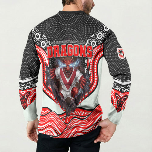 St George Illawarra Dragons Button Sweatshirt The Scream of Lightning Eyes - Indigenous Dot Ripping Effect