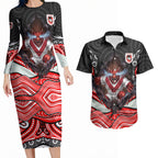 St George Illawarra Dragons Couples Matching Long Sleeve Bodycon Dress and Hawaiian Shirt The Scream of Lightning Eyes - Indigenous Dot Ripping Effect