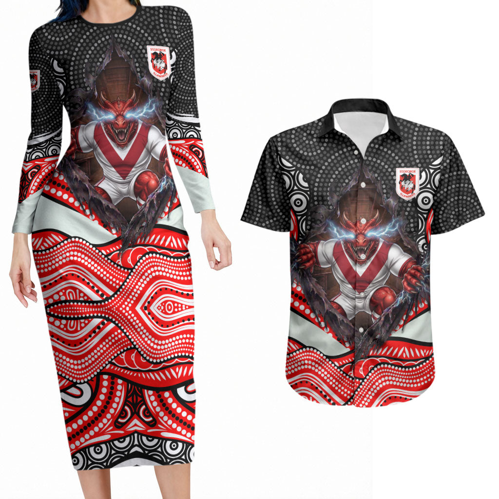 St George Illawarra Dragons Couples Matching Long Sleeve Bodycon Dress and Hawaiian Shirt The Scream of Lightning Eyes - Indigenous Dot Ripping Effect